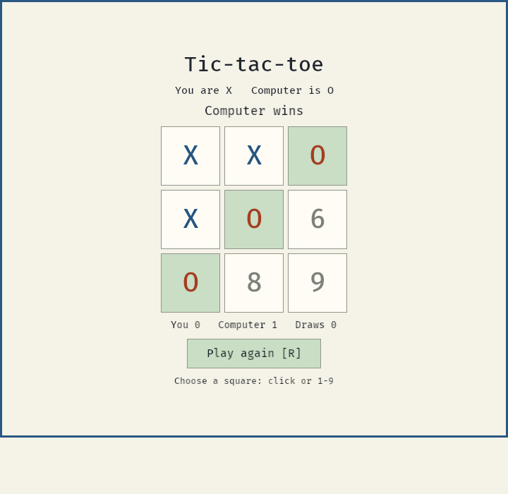 The finished tic-tac-toe board in the browser: X and O marks on nine squares, the computer's winning column highlighted, the running score, and a Play again button.